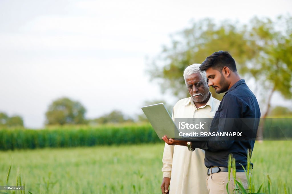 young indian agronomist with farmer at field